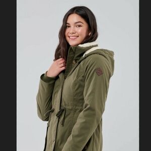 Hollister Y2K Olive Green Teddy Lined Utility Hooded Parka Jacket Women's Size M